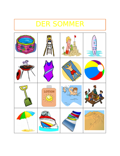 Sommer (Summer in German) Bingo