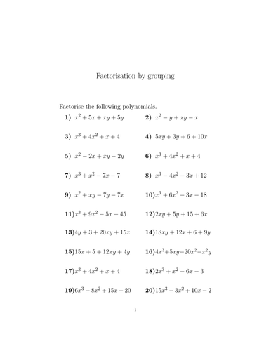 Factorisation By Grouping Worksheet (with Solutions) 