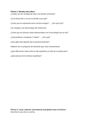 Spanish AQA GCSE Practice Speaking Questions For Themes 1 2 And 3 Teaching Resources