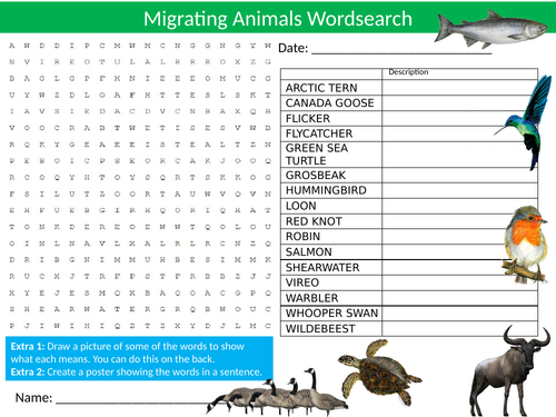 Migrating Animals Wordsearch Sheet Starter Activity Keywords Cover