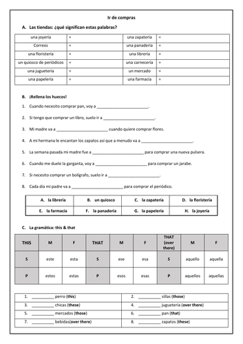 Spanish GCSE Ir de compras resources pack: vocabulary, translation, writing & reading on shopping