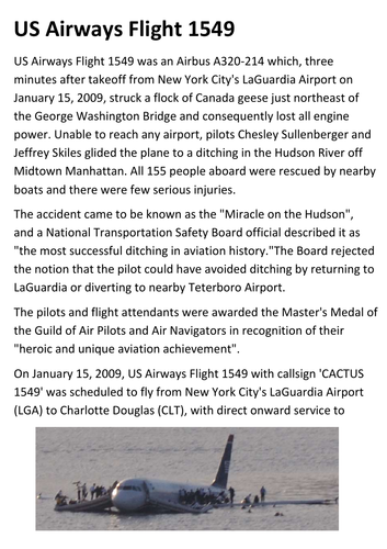 US Airways Flight 1549 - Miracle on the Hudson Handout