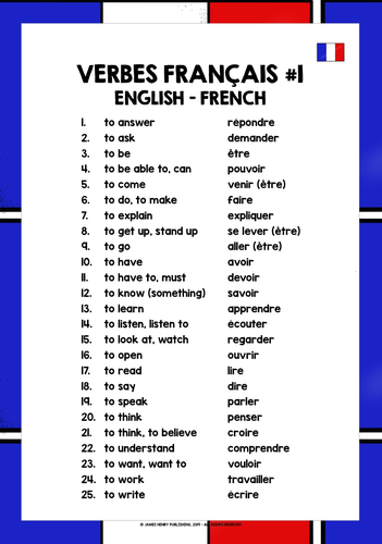 FRENCH VERBS REFERENCE LIST #1 | Teaching Resources