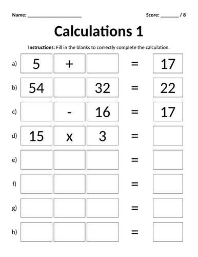 Calculations Template Worksheet | Teaching Resources