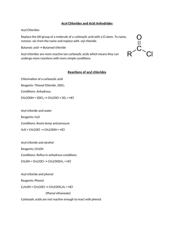 Summary Notes - Acyl Chlorides and Acid Anhydrides