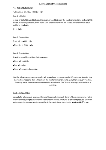 A level Chemistry Mechanisms Revision Summary