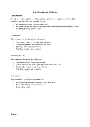 AS Summary Notes - Rate of Reaction and Equilbrium