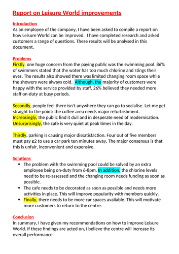 Functional Skills Writing A Report Leisure Centre Teaching Resources