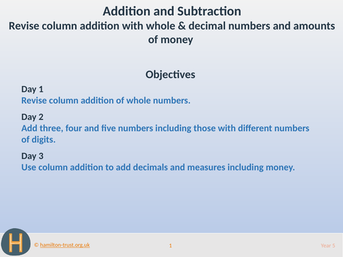 Column add, whole/decimal nos & money - Teaching Presentation - Year 5