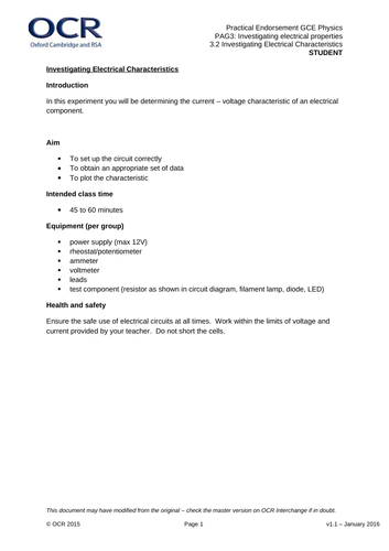 OCR AS level Physics: I-V Characteristics