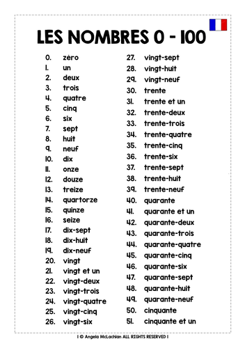 FRENCH NUMBERS 0-100 REFERENCE LIST | Teaching Resources