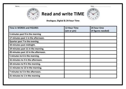 Read & Write 12 & 24 Hour Time Worksheet