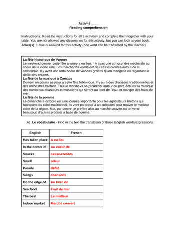 French Full lesson - Activities (translation, reading, grammar, writing ...