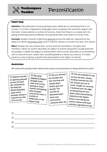 personification techniques toolkit worksheet and powerpoint teaching resources