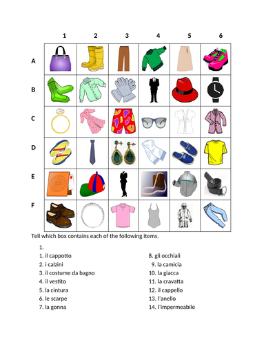 Vestiti (Clothing in Italian) Find it Worksheet