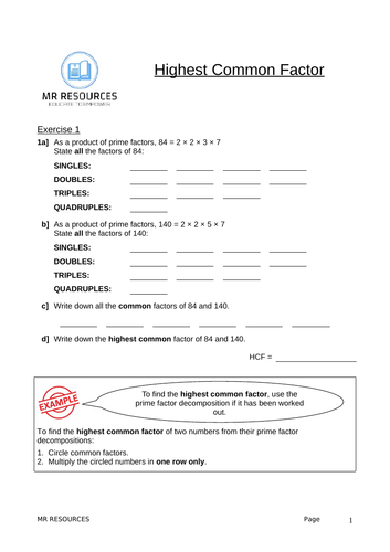 highest common factor worksheet tes