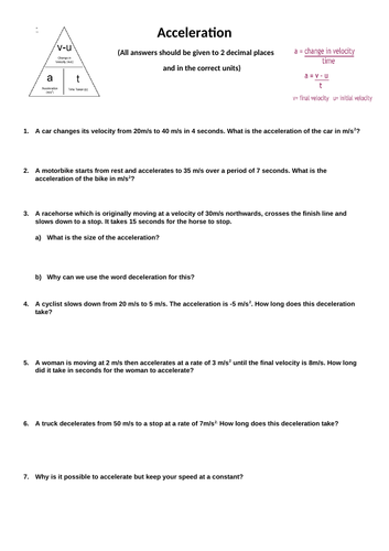 Acceleration Calculation- Differentiated Worksheets | Teaching Resources