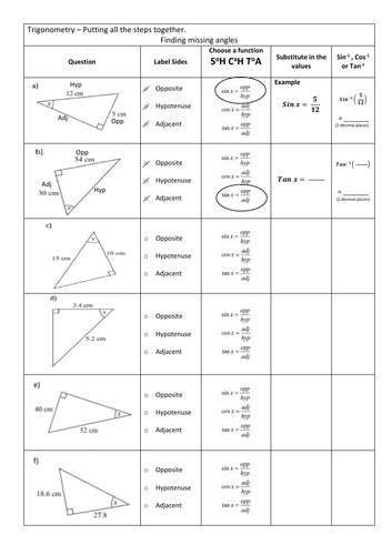 Trigonometry Missing Sides And Angles Low Scaffolded Worksheet Teaching Resources 9307