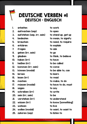 German verbs list freebie 1 teaching resources