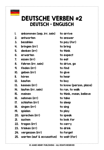 German Verbs Reference List 2 Teaching Resources