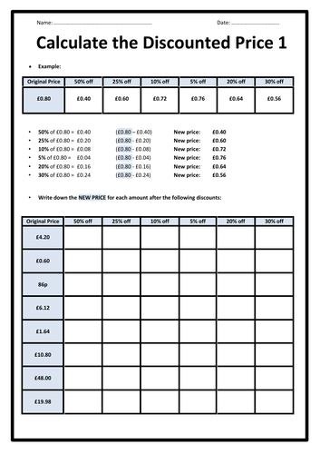 MONEY - Calculate the Discounted Price (2 worksheets)