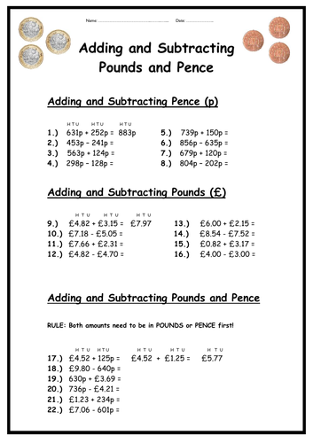 Money - Adding & Subtracting Pounds & Pence