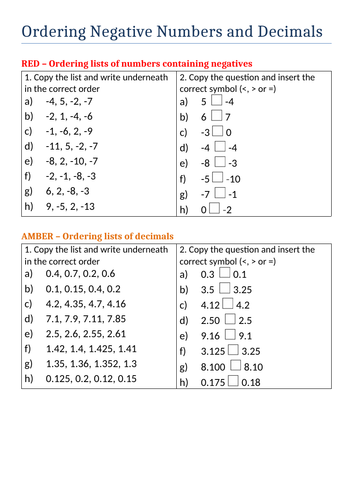 Ordering Decimals And Negative Numbers Differentiated Worksheet Teaching Resources