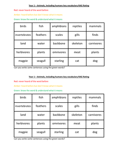 Year 1 Science RAG Rate key vocabulary