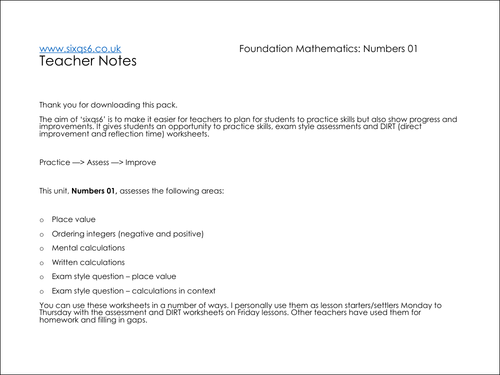 GCSE Foundation - Assessment with DIRT / Improvement Worksheet and Answers - Numbers Part 01