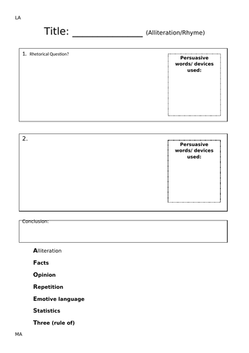 Persuasive article  planning sheet