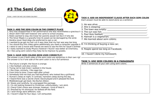Semi Colon worksheet