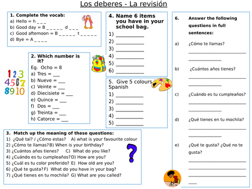 y7 spanish basics revision worksheet teaching resources