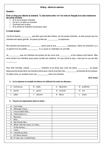 French GCSE: décrire ta chambre - describing your bedroom gap-fill and model writing