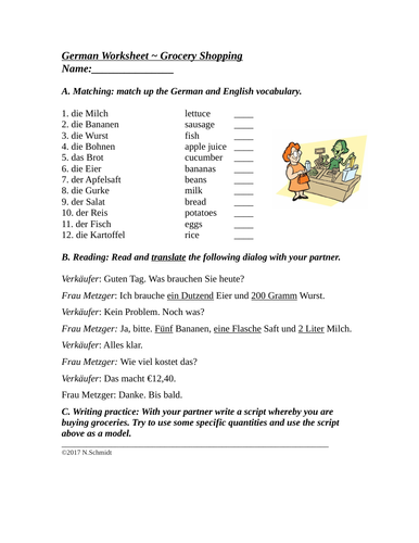 Das Essen / Im Supermarkt - German Grocery Worksheet and Partner Activity