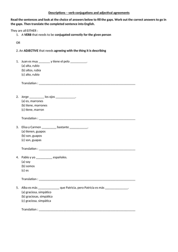 Multiple choice practice on adjective agreements and verb conjugations describing people Spanish