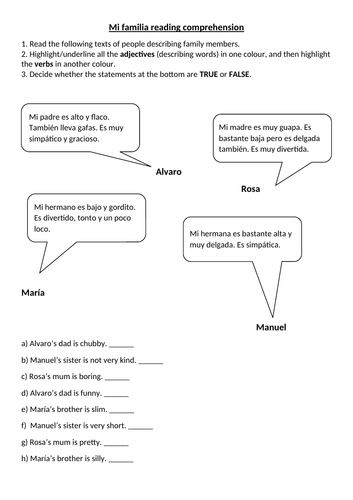 Descripciones de la familia short reading comprehension