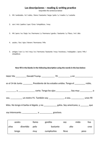 Describing people unscramble sentences and gap-fill vocab Spanish