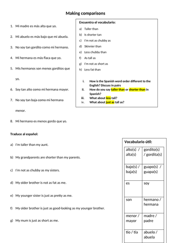 Making comparisons resources for Spanish beginners describing people