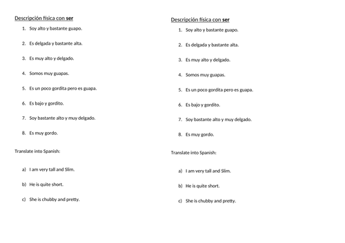 Short translation worksheet to practise descriptions with ser