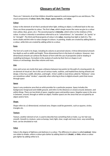 Art Subject Leadership: Progressive Glossary of Art Terms Years 1-6