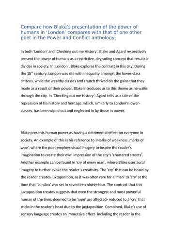 GCSE English Poetry Level 9 Model Essay- 'London' vs. 'Checking out me History'