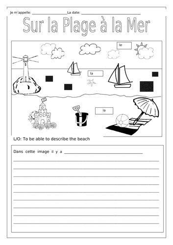 French - On the Beach at the Sea - Sur la Plage à la Mer - Worksheets ...