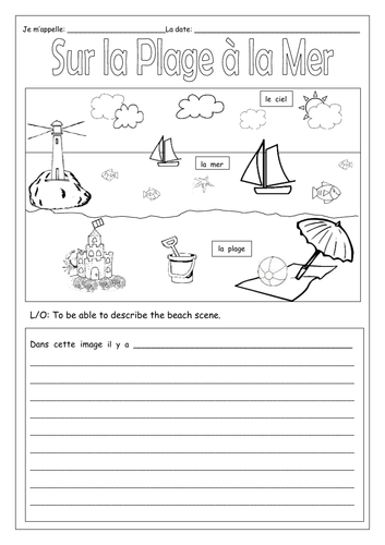 French - On The Beach At The Sea - Sur La Plage à La Mer - Worksheets 