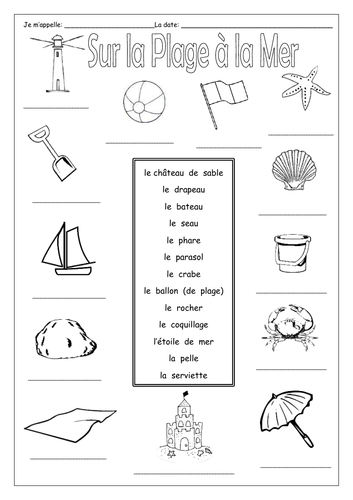 French - On the Beach at the Sea - Sur la Plage à la Mer - Worksheets ...