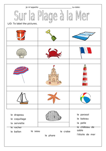 French - On the Beach at the Sea - Sur la Plage à la Mer - Worksheets ...