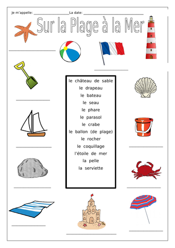 French - On the Beach at the Sea - Sur la Plage à la Mer - Worksheets