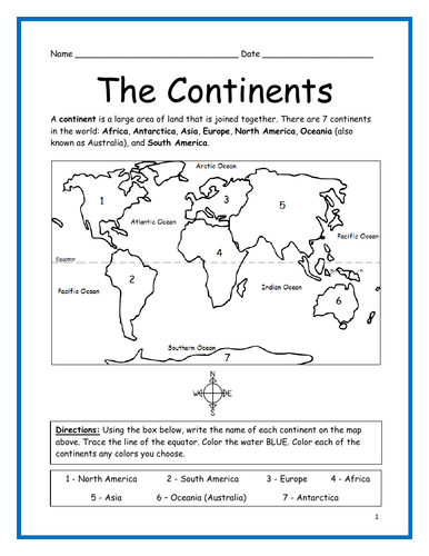 THE CONTINENTS - Printable handout | Teaching Resources