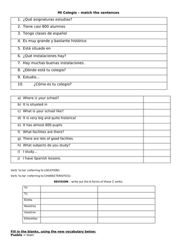 Mi colegio vocab worksheets Spanish school