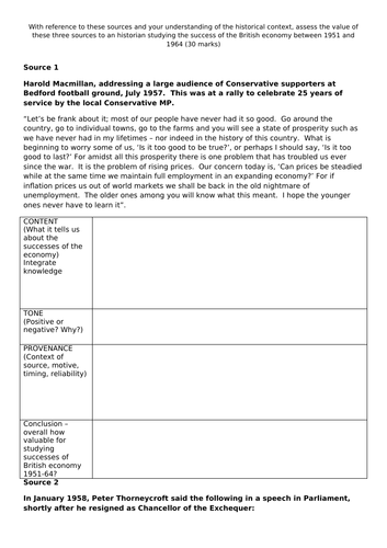 AQA 7042 2S Britain - 30 mark source practice - economy 1951-64