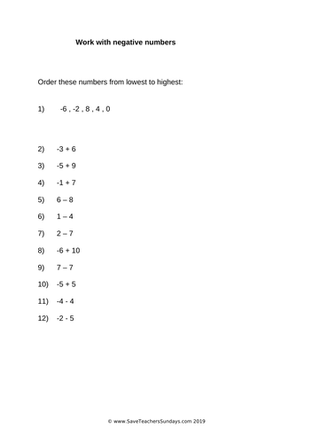Differentiated Worksheets On Negative Numbers